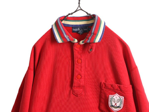90s ポロ ラルフローレン ヘンリーネック スウェット メンズ L 90年代 POLO オールド 裏起毛 トレーナー 襟付き ポケット付き ワッペン 赤