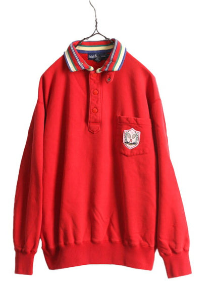 90s ポロ ラルフローレン ヘンリーネック スウェット メンズ L 90年代 POLO オールド 裏起毛 トレーナー 襟付き ポケット付き ワッペン 赤