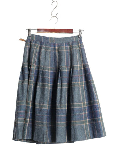 90s LAUREN ラルフローレン チェック ウール ラップ スカート レディース S オールド ポロ ひざ丈 ミディ丈 プリーツ フリンジ 本革 レザー
