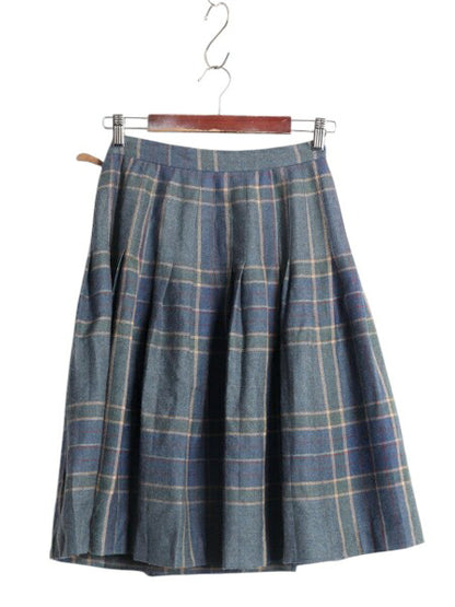 90s LAUREN ラルフローレン チェック ウール ラップ スカート レディース S オールド ポロ ひざ丈 ミディ丈 プリーツ フリンジ 本革 レザー