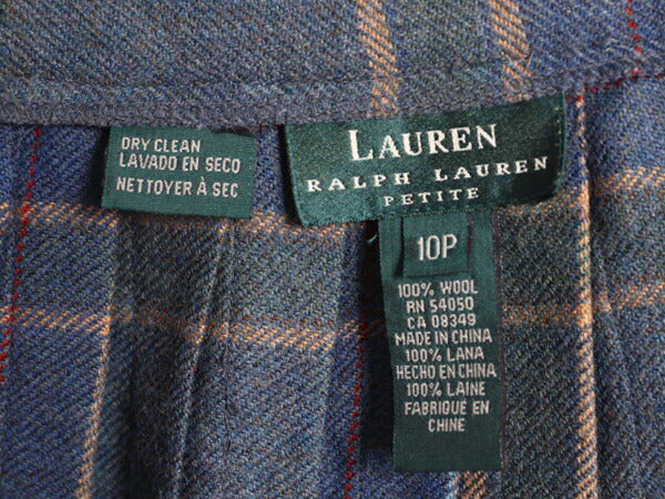 90s LAUREN ラルフローレン チェック ウール ラップ スカート レディース S オールド ポロ ひざ丈 ミディ丈 プリーツ フリンジ 本革 レザー