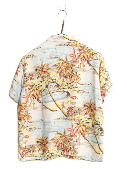 Liz claiborne 100％ レーヨン アロハ シャツ レディース L / 古着 半袖シャツ オープンカラー ハワイアン ループ留め 開襟 ボックス 総柄