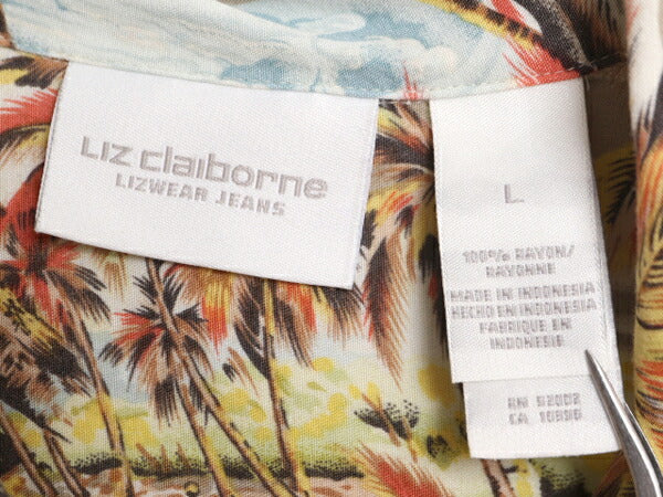 Liz claiborne 100％ レーヨン アロハ シャツ レディース L / 古着 半袖シャツ オープンカラー ハワイアン ループ留め 開襟 ボックス 総柄