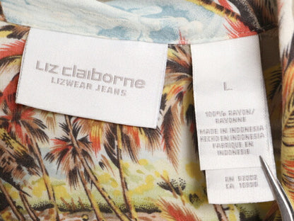 Liz claiborne 100％ レーヨン アロハ シャツ レディース L / 古着 半袖シャツ オープンカラー ハワイアン ループ留め 開襟 ボックス 総柄
