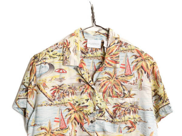 Liz claiborne 100％ レーヨン アロハ シャツ レディース L / 古着 半袖シャツ オープンカラー ハワイアン ループ留め 開襟 ボックス 総柄