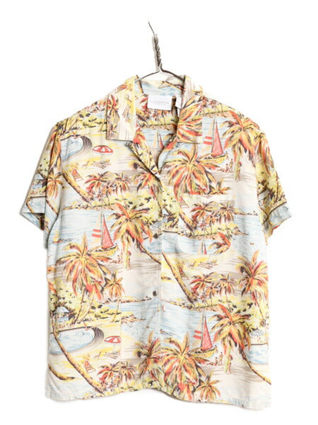 Liz claiborne 100％ レーヨン アロハ シャツ レディース L / 古着 半袖シャツ オープンカラー ハワイアン ループ留め 開襟 ボックス 総柄