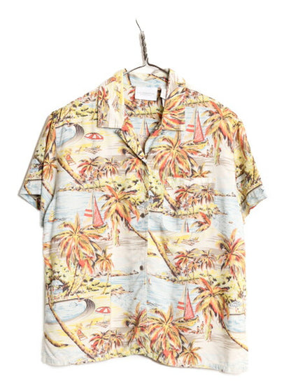 Liz claiborne 100％ レーヨン アロハ シャツ レディース L / 古着 半袖シャツ オープンカラー ハワイアン ループ留め 開襟 ボックス 総柄