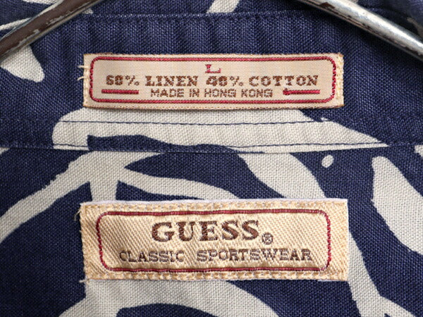 90s ゲス 半袖 総柄 シャツ メンズ L / 90年代 オールド GUESS 半袖シャツ アロハシャツ ハワイアン リネン コットン ポケット付き 2トーン