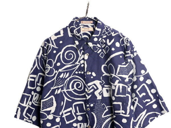 90s ゲス 半袖 総柄 シャツ メンズ L / 90年代 オールド GUESS 半袖シャツ アロハシャツ ハワイアン リネン コットン ポケット付き 2トーン
