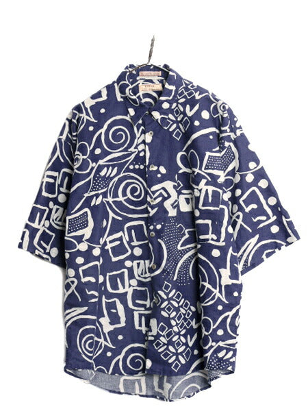 90s ゲス 半袖 総柄 シャツ メンズ L / 90年代 オールド GUESS 半袖シャツ アロハシャツ ハワイアン リネン コットン ポケット付き 2トーン