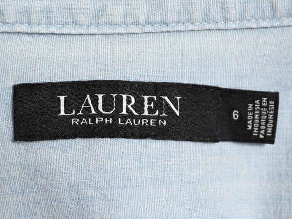 LAUREN ラルフローレン フレンチスリーブ シャンブレー シャツ ワンピース レディース M 程 ポロ コットン フレアスカート 膝丈 ワンピ 青