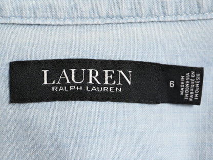 LAUREN ラルフローレン フレンチスリーブ シャンブレー シャツ ワンピース レディース M 程 ポロ コットン フレアスカート 膝丈 ワンピ 青