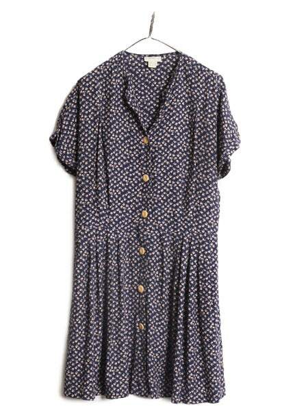 80s バナナリパブリック 100% レーヨン フレンチスリーブ 総柄 ワンピース レディース S 古着 ヴィンテージ BANANA REPUBLIC 膝丈 ワンピ