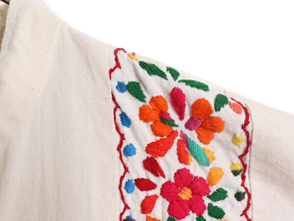 1点物 80s ハンドメイド 刺繍 半袖 シャツ レディース XL 80年代 ヴィンテージ バンドカラー 大きいサイズ ボックス ハンド刺繍 メキシカン