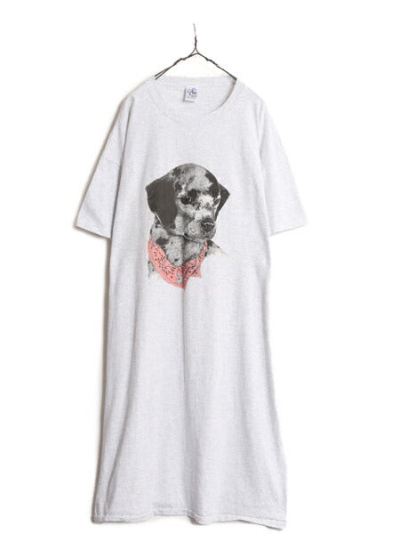 90s USA製 ドッグ イラスト プリント ビッグ Tシャツ レディース XXL 程 90年代 オールド アート 犬 アニマル シングルステッチ ワンピース