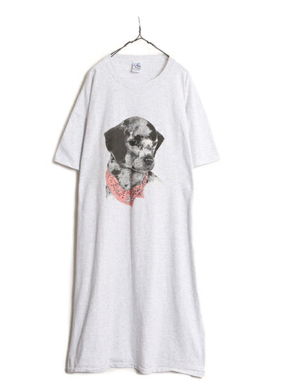 90s USA製 ドッグ イラスト プリント ビッグ Tシャツ レディース XXL 程 90年代 オールド アート 犬 アニマル シングルステッチ ワンピース
