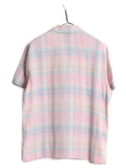 90s LAUREN ラルフローレン 100% リネン チェック 半袖 シャツ レディース L 90年代 オールド ポロ オープンカラー 開襟 ボックス ブラウス