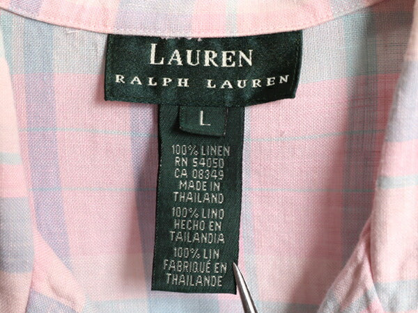 90s LAUREN ラルフローレン 100% リネン チェック 半袖 シャツ レディース L 90年代 オールド ポロ オープンカラー 開襟 ボックス ブラウス