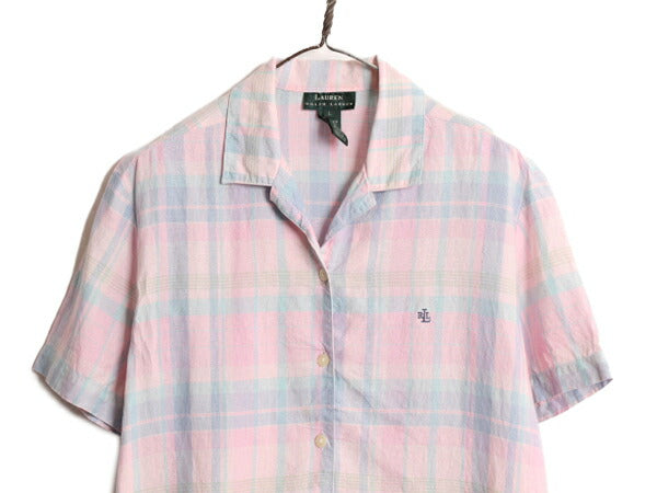 90s LAUREN ラルフローレン 100% リネン チェック 半袖 シャツ レディース L 90年代 オールド ポロ オープンカラー 開襟 ボックス ブラウス