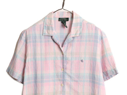 90s LAUREN ラルフローレン 100% リネン チェック 半袖 シャツ レディース L 90年代 オールド ポロ オープンカラー 開襟 ボックス ブラウス