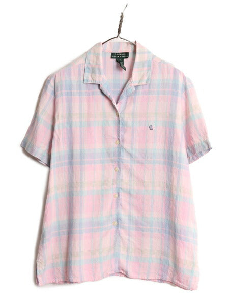 90s LAUREN ラルフローレン 100% リネン チェック 半袖 シャツ レディース L 90年代 オールド ポロ オープンカラー 開襟 ボックス ブラウス