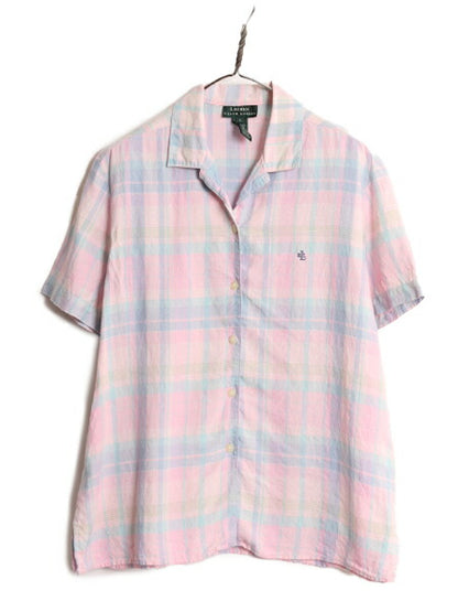 90s LAUREN ラルフローレン 100% リネン チェック 半袖 シャツ レディース L 90年代 オールド ポロ オープンカラー 開襟 ボックス ブラウス