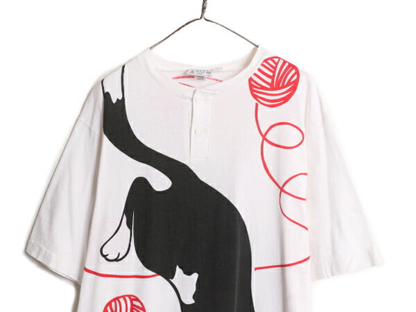 ミシガンラグ ネコ アート イラスト ビッグ プリント Tシャツ メンズ レディース XXL 程 古着 総柄 MICHIGAN RAG アニマル ヘンリーネック
