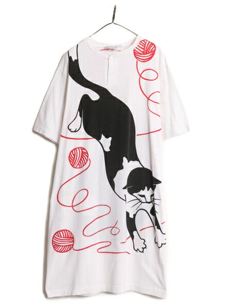 ミシガンラグ ネコ アート イラスト ビッグ プリント Tシャツ メンズ レディース XXL 程 古着 総柄 MICHIGAN RAG アニマル ヘンリーネック
