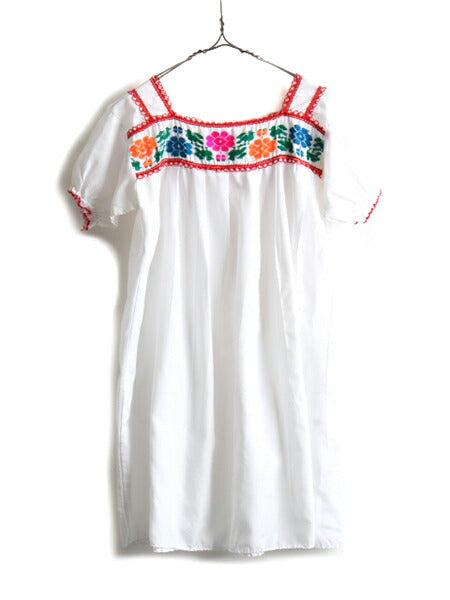 ☆ メキシカン 花柄 ハンド刺繍 半袖 チュニック ブラウス レディース M 程/ 白 民族調 フォークロア ボヘミアン ハンドメイド レース付き