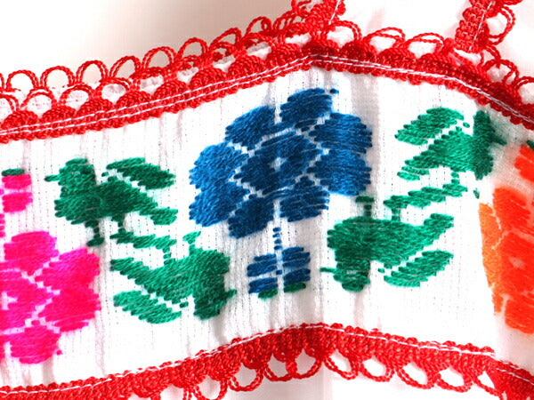☆ メキシカン 花柄 ハンド刺繍 半袖 チュニック ブラウス レディース M 程/ 白 民族調 フォークロア ボヘミアン ハンドメイド レース付き