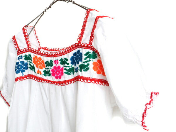 ☆ メキシカン 花柄 ハンド刺繍 半袖 チュニック ブラウス レディース M 程/ 白 民族調 フォークロア ボヘミアン ハンドメイド レース付き