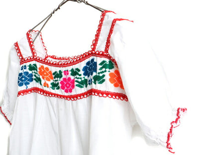 ☆ メキシカン 花柄 ハンド刺繍 半袖 チュニック ブラウス レディース M 程/ 白 民族調 フォークロア ボヘミアン ハンドメイド レース付き