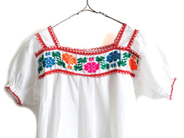 ☆ メキシカン 花柄 ハンド刺繍 半袖 チュニック ブラウス レディース M 程/ 白 民族調 フォークロア ボヘミアン ハンドメイド レース付き