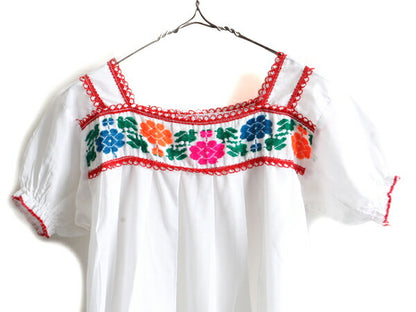 ☆ メキシカン 花柄 ハンド刺繍 半袖 チュニック ブラウス レディース M 程/ 白 民族調 フォークロア ボヘミアン ハンドメイド レース付き