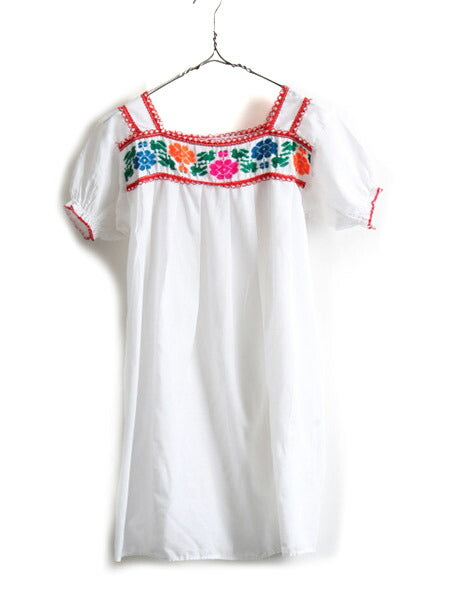 ☆ メキシカン 花柄 ハンド刺繍 半袖 チュニック ブラウス レディース M 程/ 白 民族調 フォークロア ボヘミアン ハンドメイド レース付き