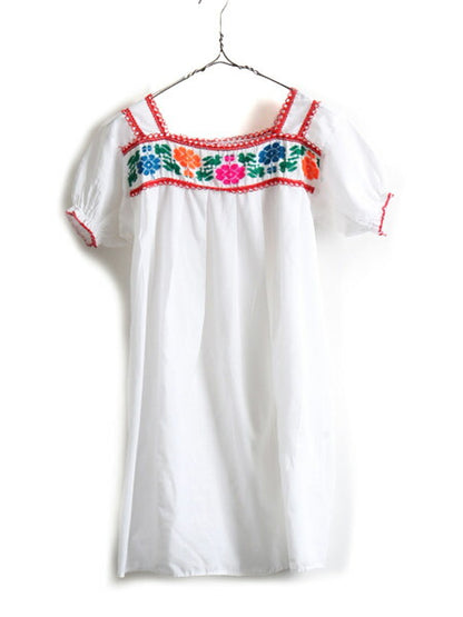 ☆ メキシカン 花柄 ハンド刺繍 半袖 チュニック ブラウス レディース M 程/ 白 民族調 フォークロア ボヘミアン ハンドメイド レース付き