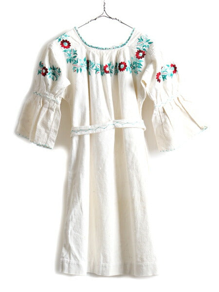 ☆メキシカン ハンド刺繍 5分袖 リネン チュニック ワンピース レディース M 程 古着 民族調 ボヘミアン ひざ上丈 フォークロア ナチュラル
