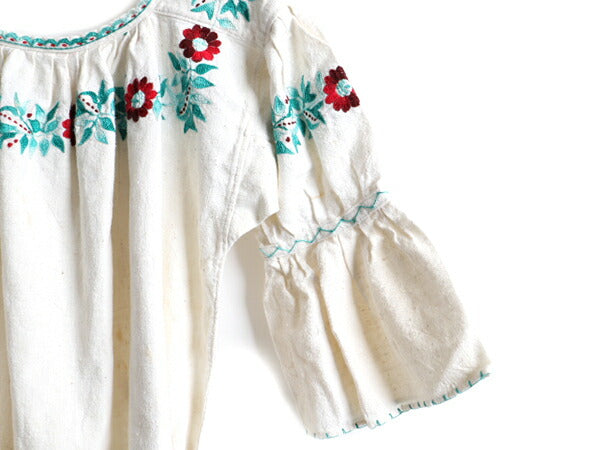 ☆メキシカン ハンド刺繍 5分袖 リネン チュニック ワンピース レディース M 程 古着 民族調 ボヘミアン ひざ上丈 フォークロア ナチュラル