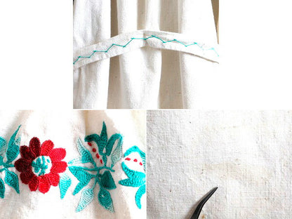 ☆メキシカン ハンド刺繍 5分袖 リネン チュニック ワンピース レディース M 程 古着 民族調 ボヘミアン ひざ上丈 フォークロア ナチュラル