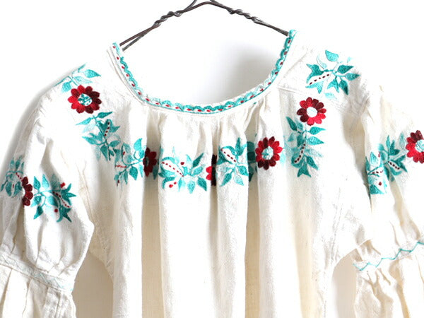 ☆メキシカン ハンド刺繍 5分袖 リネン チュニック ワンピース レディース M 程 古着 民族調 ボヘミアン ひざ上丈 フォークロア ナチュラル
