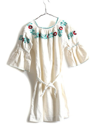 ☆メキシカン ハンド刺繍 5分袖 リネン チュニック ワンピース レディース M 程 古着 民族調 ボヘミアン ひざ上丈 フォークロア ナチュラル