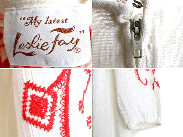 70s ビンテージ ☆ Leslie Fay クロスステッチ 長袖 ワンピース レディース M 程 古着 ボヘミアン ひざ上丈 チュニックワンピ フォークロア