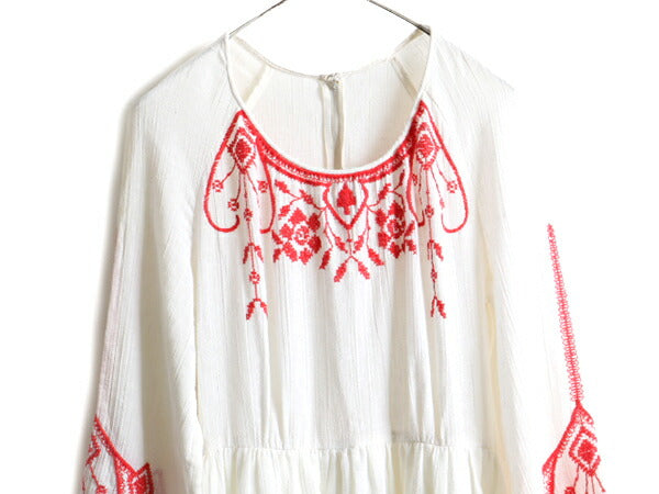 70s ビンテージ ☆ Leslie Fay クロスステッチ 長袖 ワンピース レディース M 程 古着 ボヘミアン ひざ上丈 チュニックワンピ フォークロア