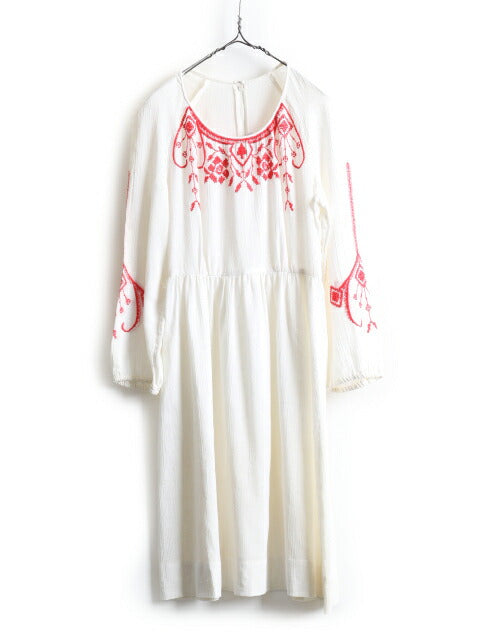 70s ビンテージ ☆ Leslie Fay クロスステッチ 長袖 ワンピース レディース M 程 古着 ボヘミアン ひざ上丈 チュニックワンピ フォークロア