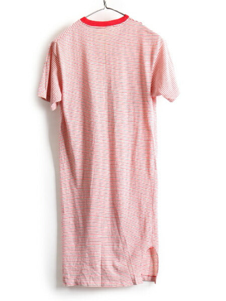 70s 80s ビンテージ ☆ Vネック ピン ボーダー プリント 半袖 Tシャツ ワンピース レディース S 程 古着 70年代 80年代 オールド リンガー