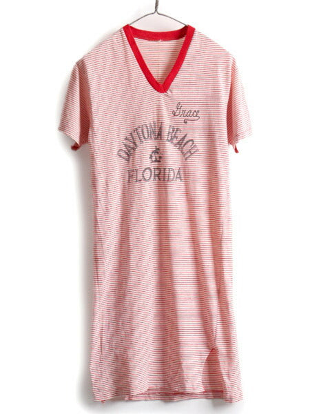 70s 80s ビンテージ ☆ Vネック ピン ボーダー プリント 半袖 Tシャツ ワンピース レディース S 程 古着 70年代 80年代 オールド リンガー