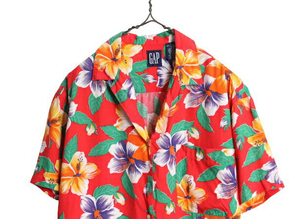 90s OLD GAP 100% レーヨン アロハ シャツ レディース S / オールド ギャップ ハワイアン オープンカラー 総柄 マルチカラー 開襟 紺タグ