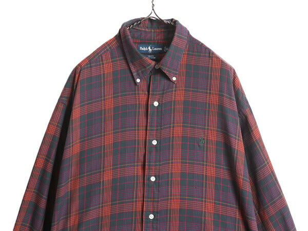 90s ラルフローレン チェック 長袖 ボタンダウン シャツ メンズ XL 90年代 オールド ポロ コットン ワンポイント 長袖シャツ 大きいサイズ