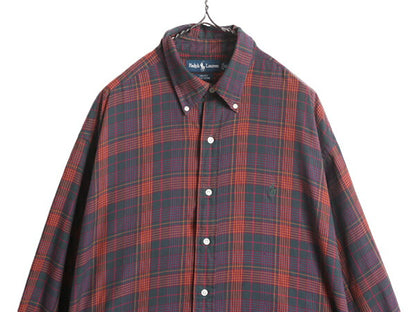 90s ラルフローレン チェック 長袖 ボタンダウン シャツ メンズ XL 90年代 オールド ポロ コットン ワンポイント 長袖シャツ 大きいサイズ
