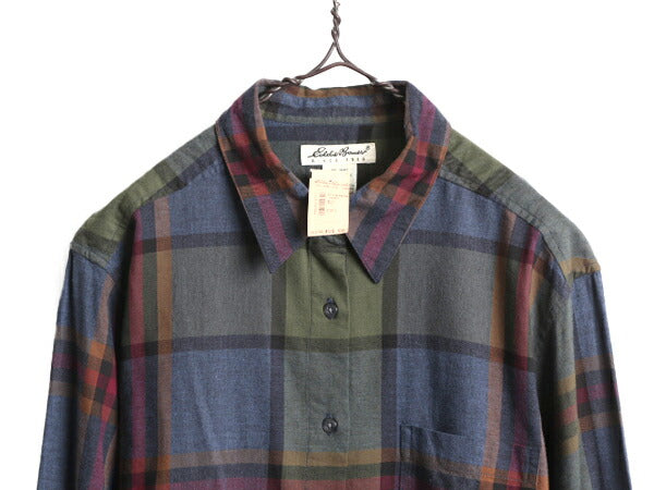 デッドストック 90s エディーバウアー チェック 長袖 シャツ レディース L 新品 90年代 オールド Eddie Bauer レーヨン コットン ブラウス